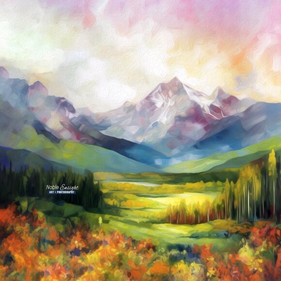 8x8 Majestic Colorful‎ Landscape Mountains Watercolor Oil Painting Art Print - Picture 2 of 6
